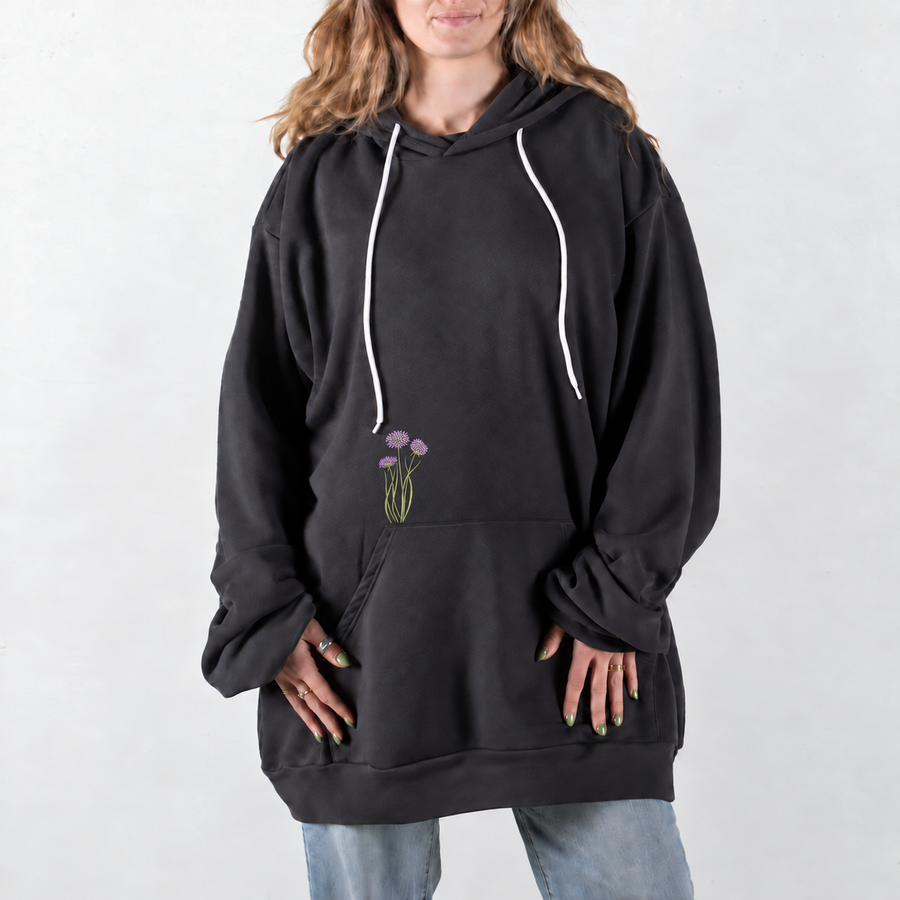 Dark Gray Purple Allium Embroidered Giant Hoodie with small floral embroidery above the pocket seam