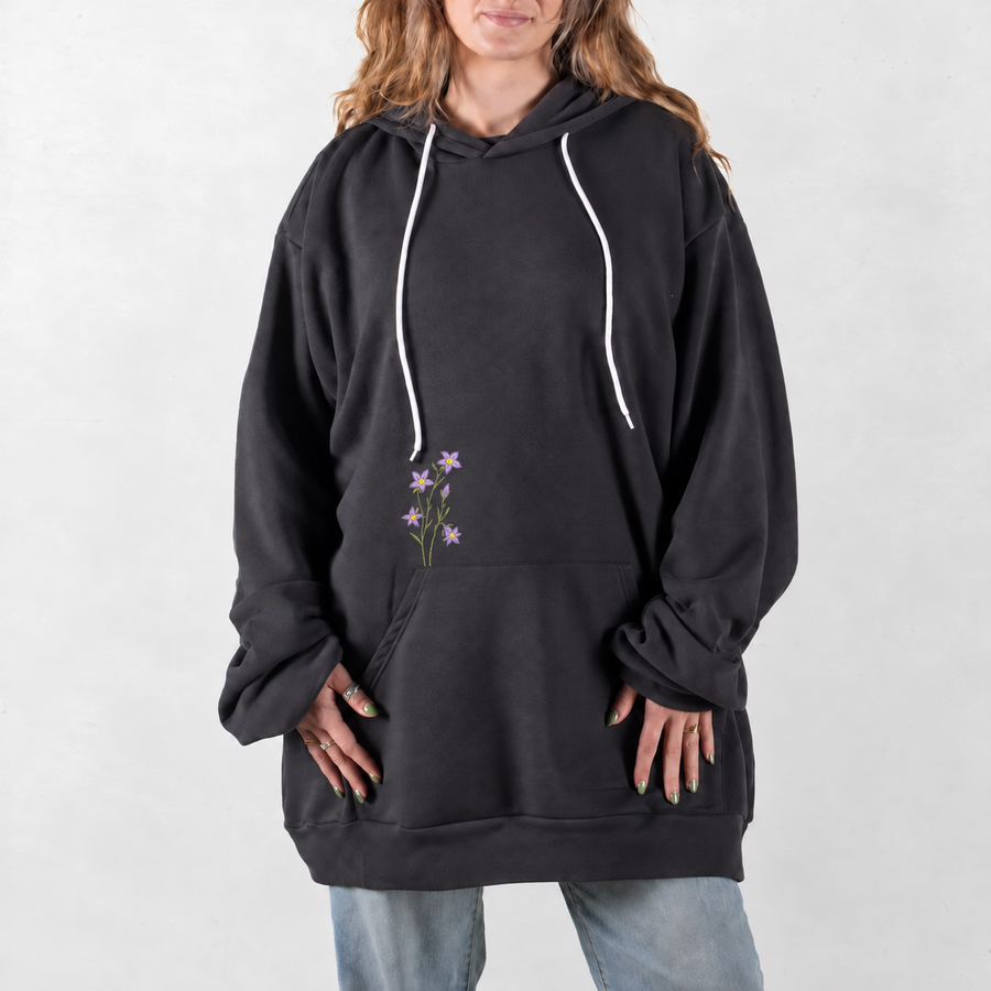 Dark Gray Purple Bellflower Embroidered Giant Hoodie with small floral embroidery above the pocket seam