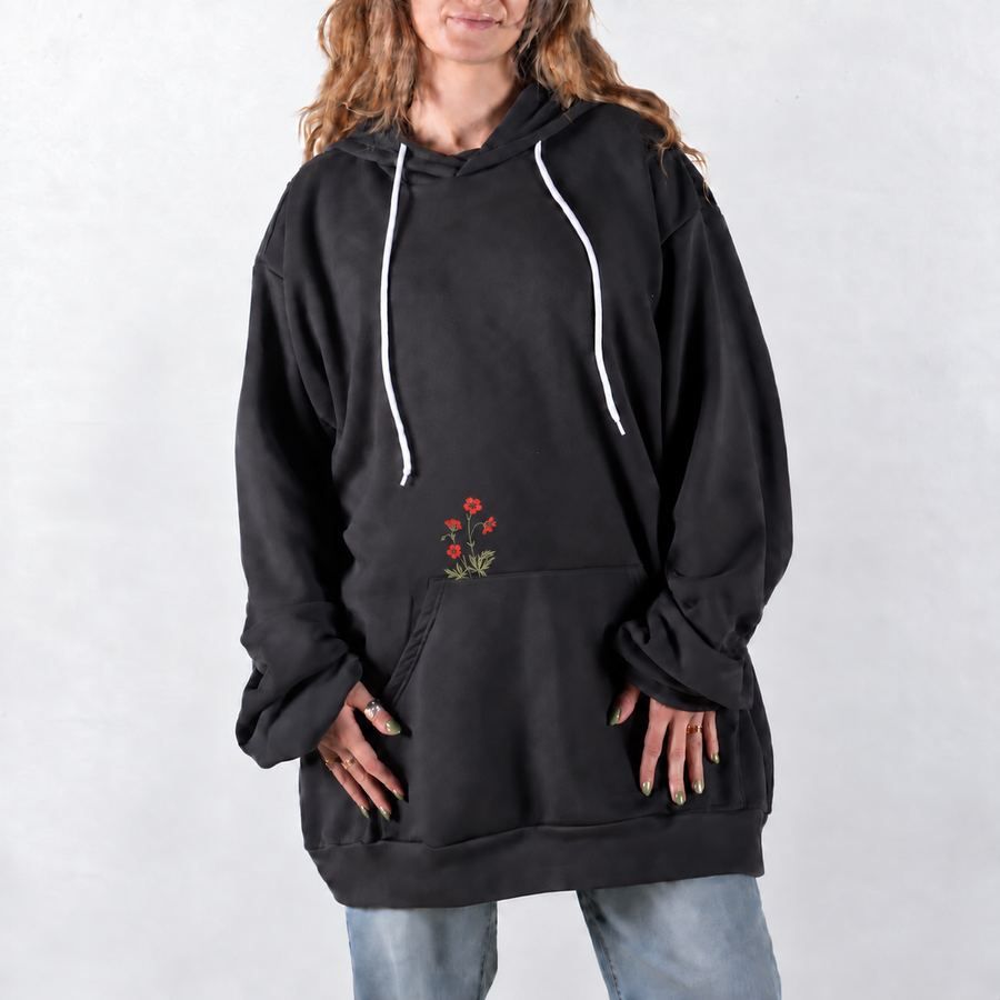 Dark Gray Red Geranium Embroidered Giant Hoodie with small floral embroidery above the pocket seam