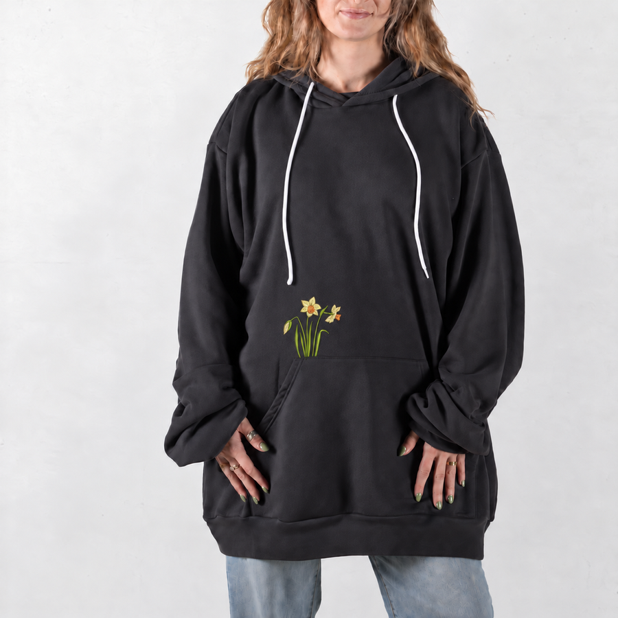 Dark Gray Yellow Daffodil Embroidered Giant Hoodie with small floral embroidery above the pocket seam