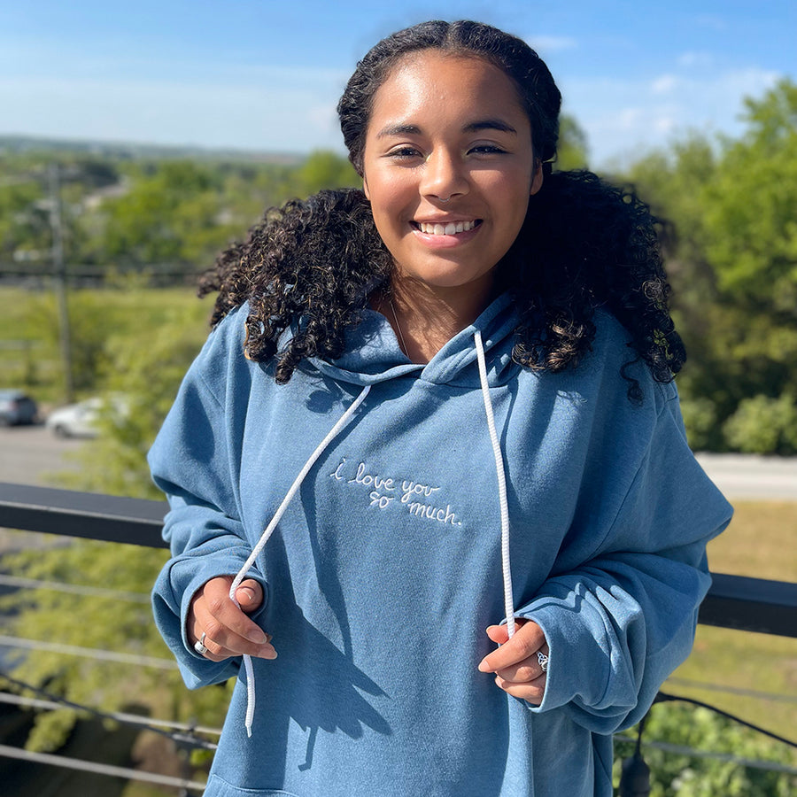I Love You So Much Embroidered Giant Hoodie - Slate Blue