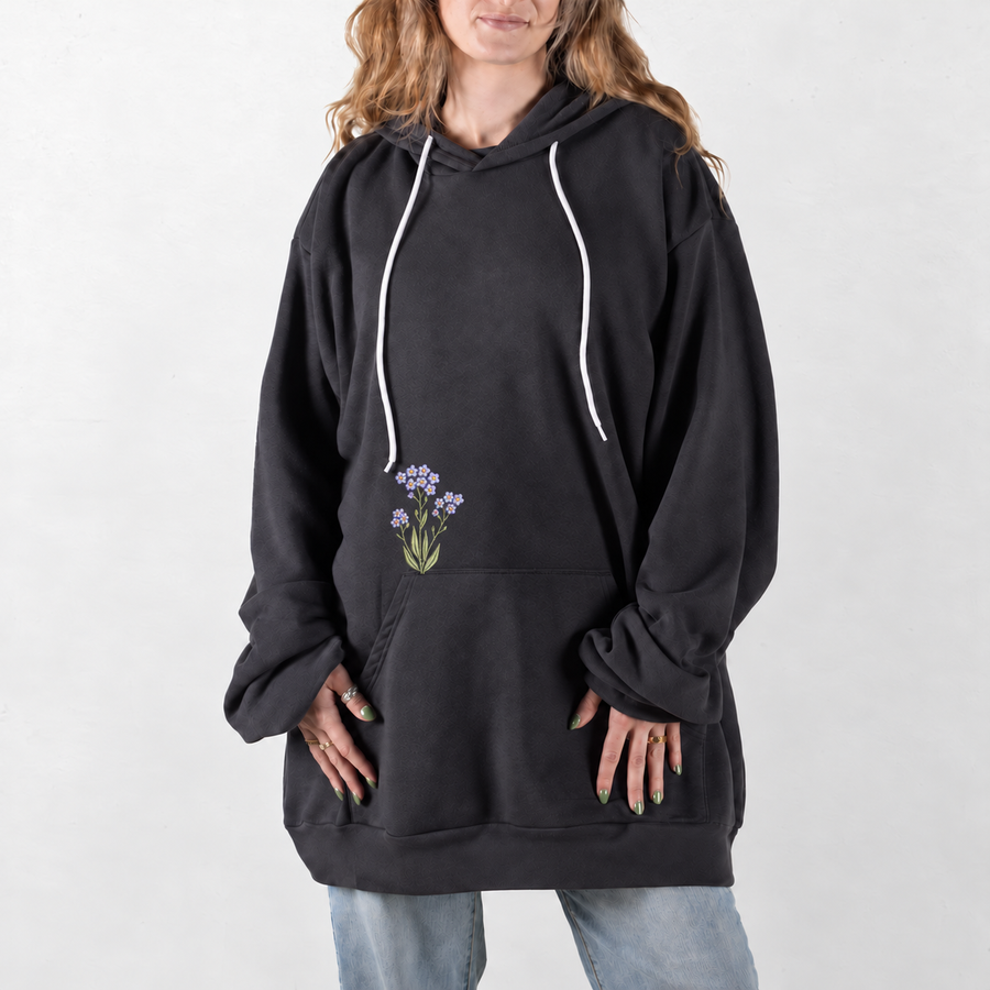 Dark Gray Blue Forget-Me-Not Embroidered Giant Hoodie with small floral embroidery above the pocket seam