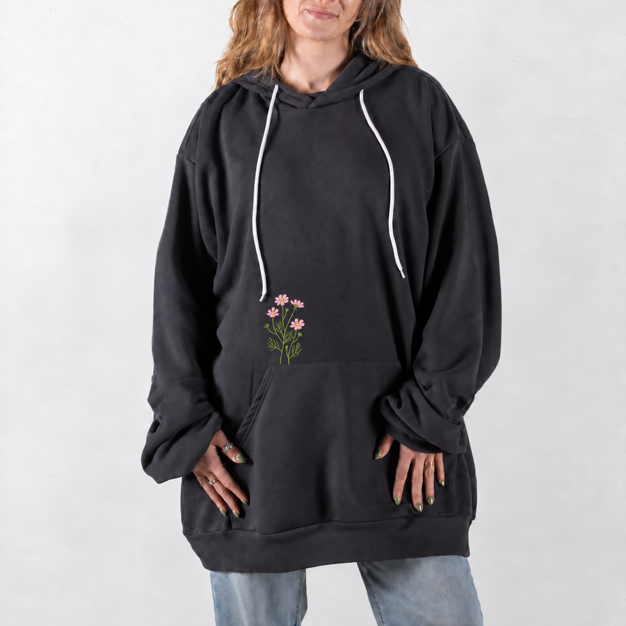 Dark Gray Pink Cosmos Embroidered Giant Hoodie with small floral embroidery above the pocket seam