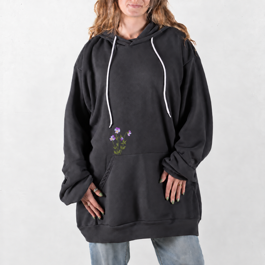 Dark Gray Purple Pansy Embroidered Giant Hoodie with small floral embroidery above the pocket seam
