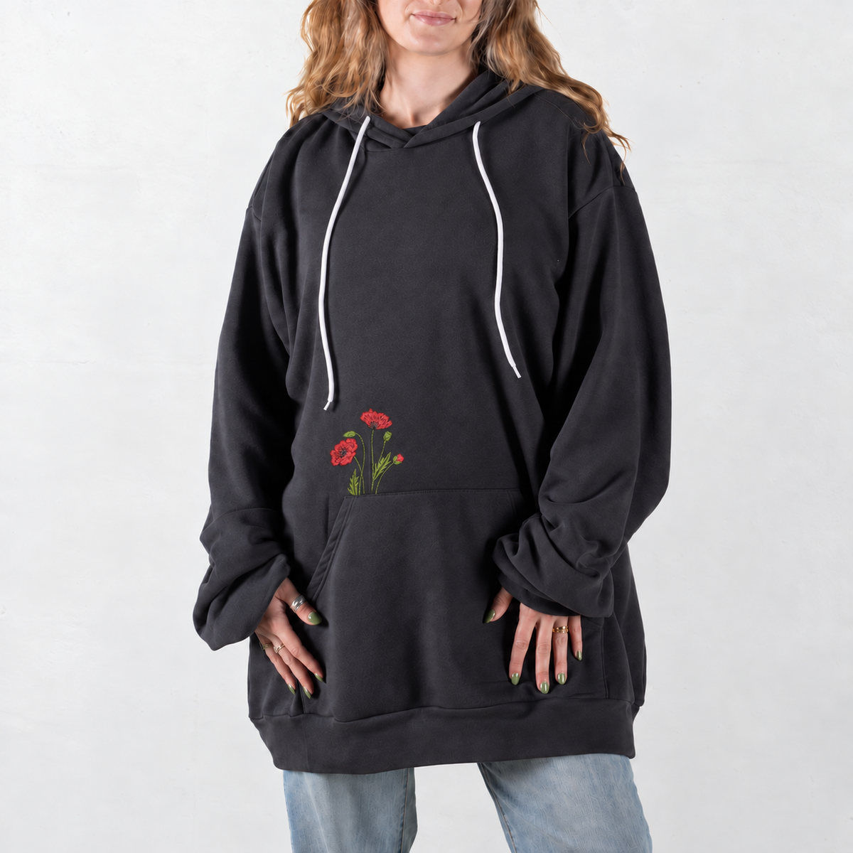 Dark Gray Red Poppy Embroidered Giant Hoodie with small floral embroidery above the pocket seam