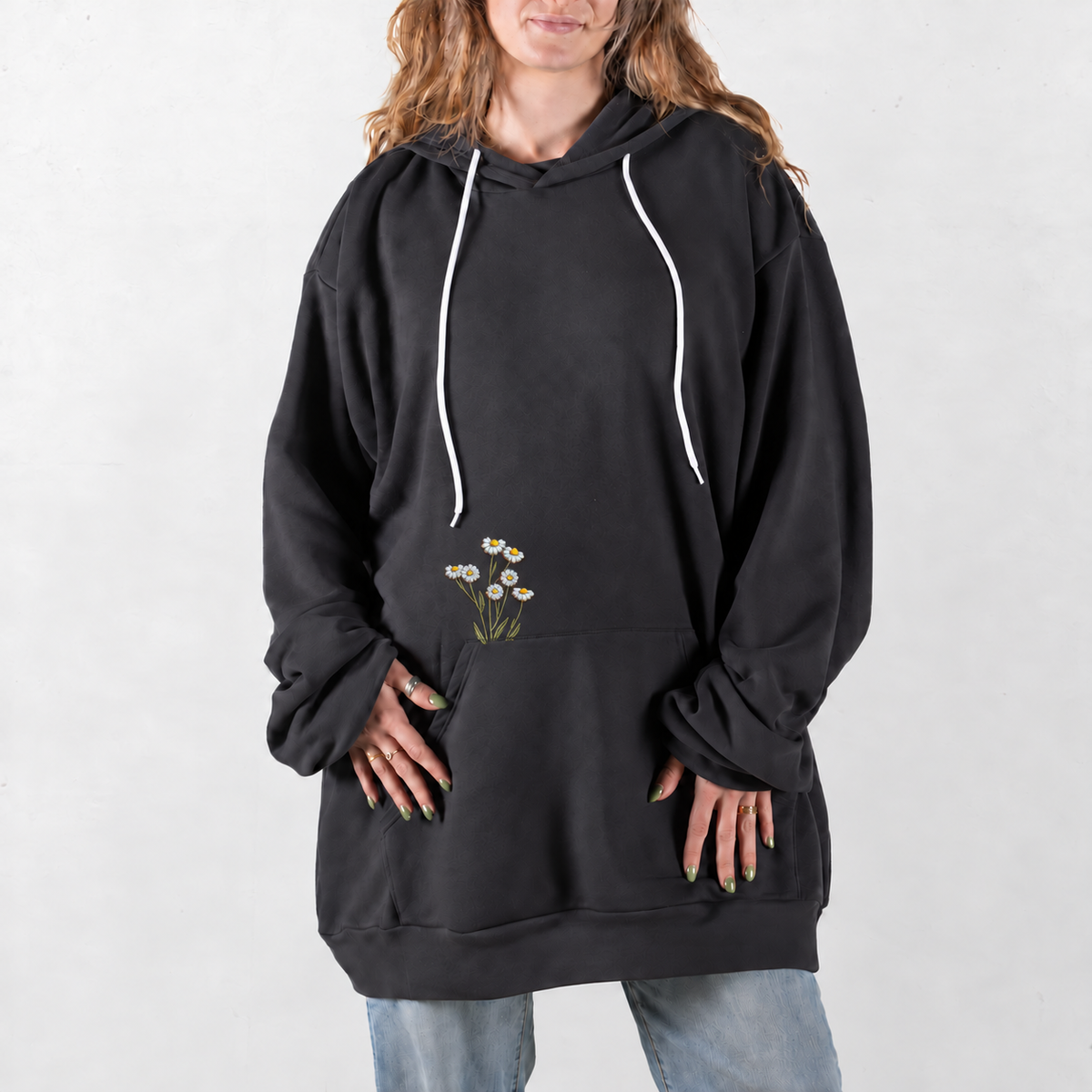 Dark Gray White Daisy Embroidered Giant Hoodie with small floral embroidery above the pocket seam