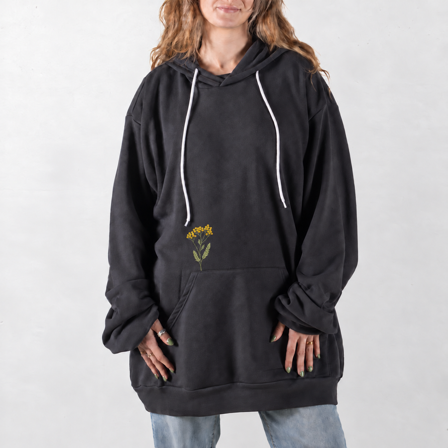 Dark Gray Yellow Tansy Embroidered Giant Hoodie with small floral embroidery above the pocket seam