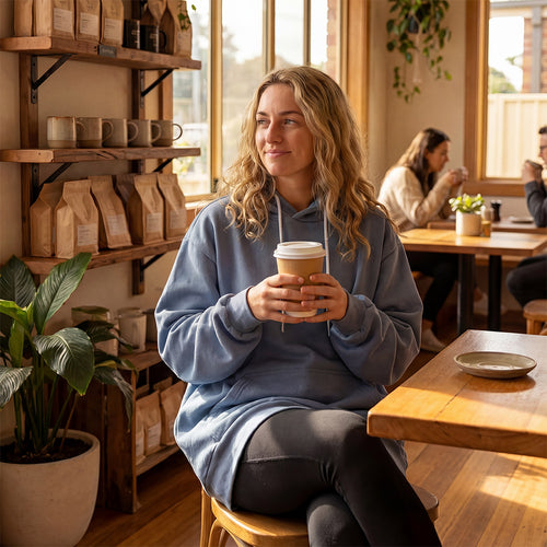 Giant Hoodie at a coffee shop