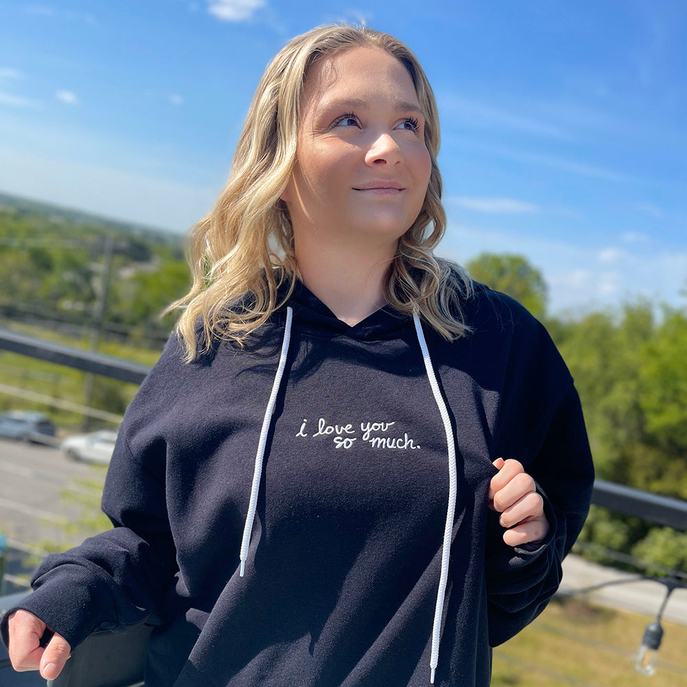 I Love You So Much Embroidered Giant Hoodie - Black